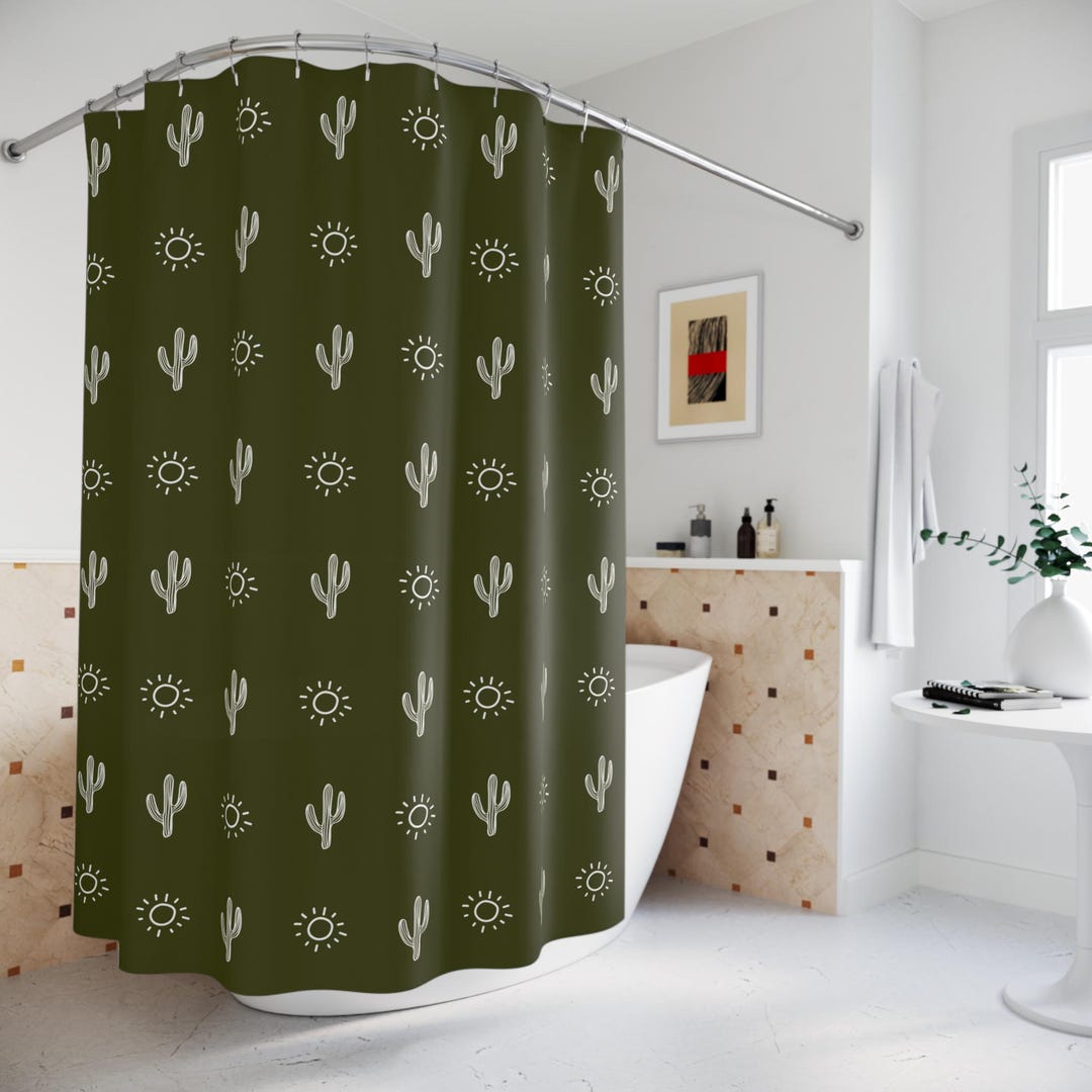 Boho Shower Curtain Olive Green Cactus Sun, Southwestern Bathroom Decor