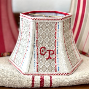Vintage French Lampshade with Embroidered Monogram, Unique Harlequin and Striped Design Sconce Shade,  One of a Kind