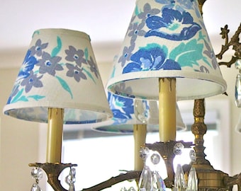 Blue Floral Barkcloth Chandelier Shade, Vintage Clip-On Lampshade, Retro Kitchen Lighting