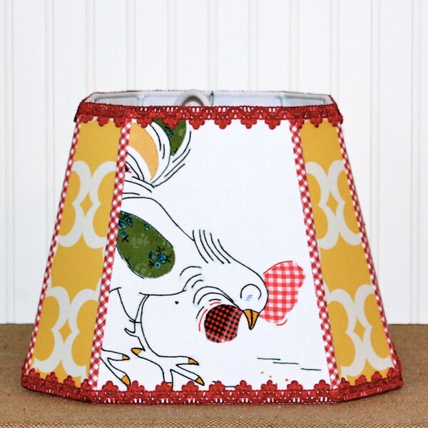 SALE - Kitchen Lamp Shade, Lampshade, Rooster, Red and Yellow, Vintage Linen, Pendant Shade, Country, Farmhouse, Red Gingham