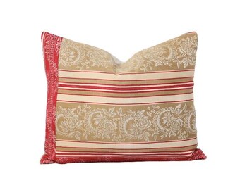 Damask Pillow Cover,  French Fabric Throw Pillow, Red Ticking Stripe Lumbar Pillow