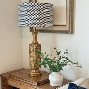 Navy Block Print Drum Lampshade, Fabric Lamp Cover, Sister Parish Large Pendant Light, Modern Farmhouse Decor