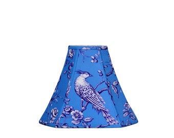 Elegant Blue Toile Lampshade, Floral Bird Motif, Rectangle Bell Cut Corner for Table Lamp, Unique Mom Gift, Custom Heirloom Handcrafted