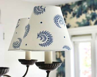 Blue Botanical Clip-On Lampshade, Sister Parish Block Print Chandelier Shade, Sold Individually