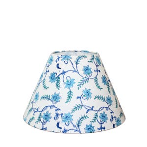Blue Floral Block Print Lampshade, Boho Ambient Table Lamp Cover for Eclectic Home Decor