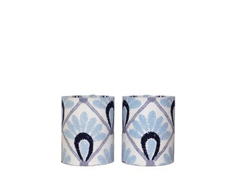 Boho Block Print Drum Lampshades: Blue Floral Sconce Lamp Covers, Set of 2