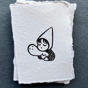 Tallado a mano, alma, mini impresión, corte de linóleo, impresión en bloque, papel khadi, original, minimalista, tarjeta, impreso a mano, A7, monocromo, sello