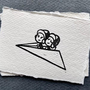 Das Leben ist eine Reise, Flugzeug, Mini Kunst, Mini Druck, Linolschnitt, Blockdruck, Original, minimal, Karte, handgedruckt, A7, monochrom, Stempel