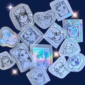 Hand-Drawn Holographic Stickers: Kawaii Doodle Art, 5-Piece Pack