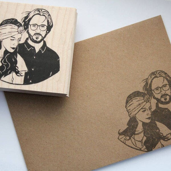 Couple portrait hand carved rubber stamp