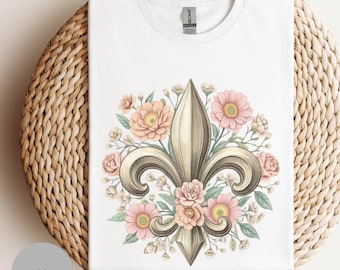 Camiseta con flores de lis, vintage con flores rosas, estilo Nueva Orleans, flores silvestres, para mujer, de Pascua.