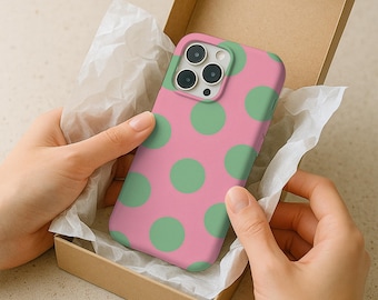 Retro Pink Polka Dot Phone Case, Circle Dots Case, Mint Green Dots, iPhone Case 17 16 15 14, Samsung Case, Google Phone Case, iPhone 13