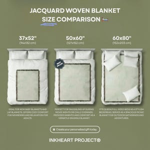 Pu&ograve; includere: Confronto di coperte jacquard in tre dimensioni: 94x132 cm, 127x152 cm e 152x203 cm. Ogni coperta &egrave; mostrata su un letto con cuscini. Il testo "JACQUARD WOVEN BLANKET SIZE COMPARISON" &egrave; incluso.