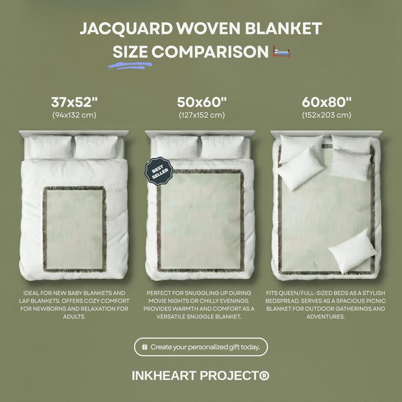 Pu&ograve; includere: Confronto di coperte jacquard in tre dimensioni: 94x132 cm, 127x152 cm e 152x203 cm. Ogni coperta &egrave; mostrata su un letto con cuscini. Il testo "JACQUARD WOVEN BLANKET SIZE COMPARISON" &egrave; incluso.