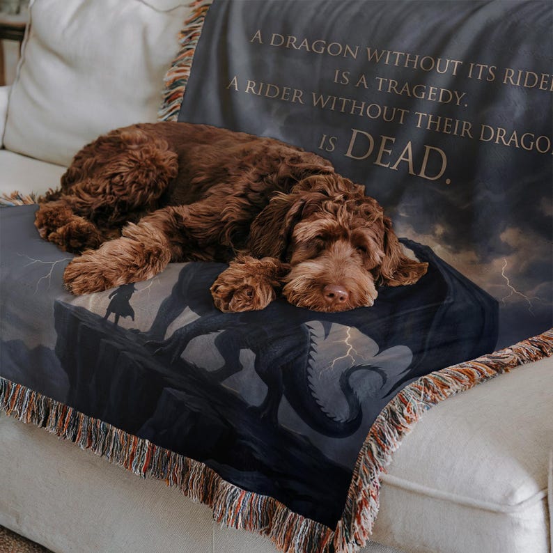 May include: A brown dog rests on a gray throw blanket with a dragon and rider illustration. The blanket has a fringed edge and text that reads, "A DRAGON WITHOUT ITS RIDER IS A TRAGEDY. A RIDER WITHOUT THEIR DRAGON IS DEAD."