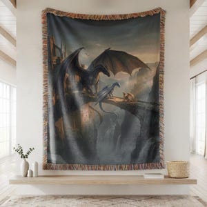 Tairn Sgaeyl Andarna Blanket, Fourth Wing Dragon Trio, Basgiath Parapet Sunset Art, Iron Flame Squad Gift, Onyx Storm Woven Tapestry Style 2