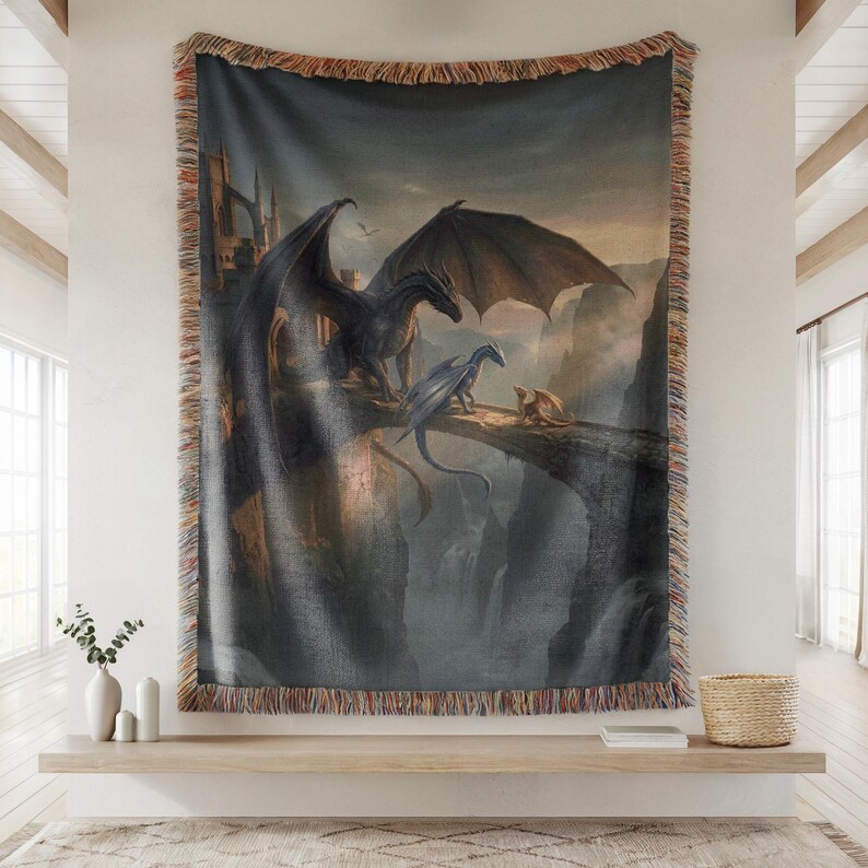 Tairn Sgaeyl Andarna Blanket, Fourth Wing Dragon Trio, Basgiath Parapet Sunset Art, Iron Flame Squad Gift, Onyx Storm Woven Tapestry Style 2