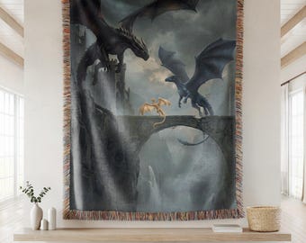 Tairn Sgaeyl Andarna Blanket, Fourth Wing Dragon Trio Tapestry, Basgiath Parapet Art, Iron Flame Woven Throw, Onyx Storm Squad Gift