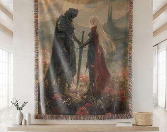 Knight and Elf Woven Blanket: Romantic Fantasy Tapestry, Gothic Decor