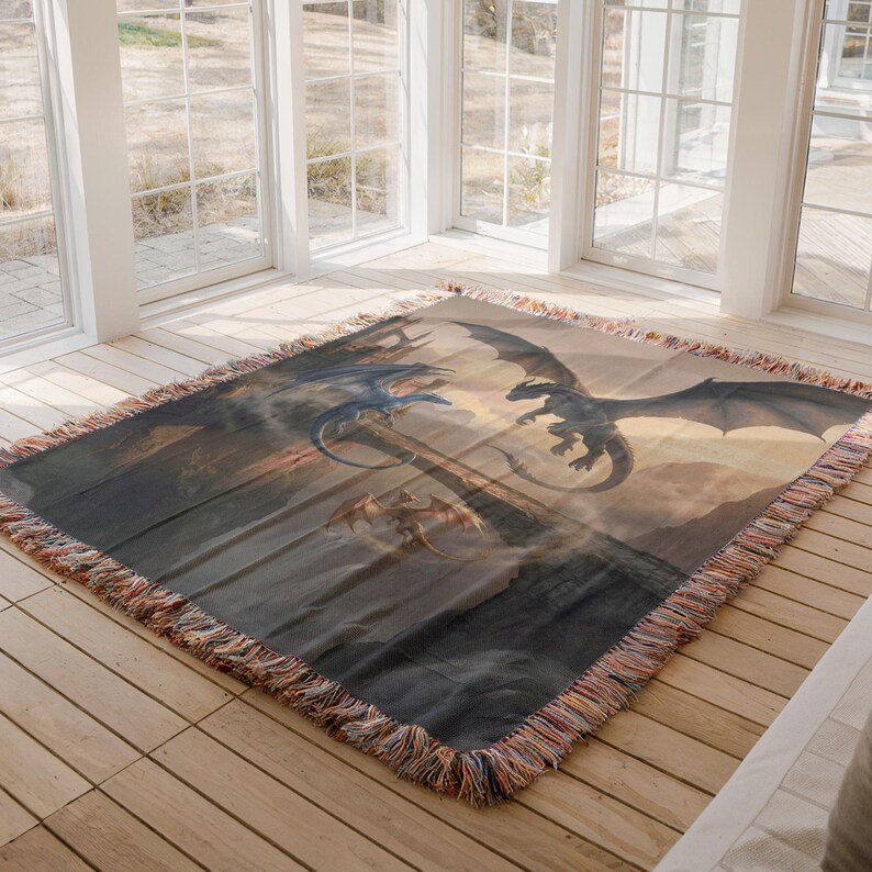 Tairn Sgaeyl Andarna Blanket, Fourth Wing Dragon Trio, Basgiath Parapet Sunset Art, Iron Flame Squad Gift, Onyx Storm Woven Tapestry bild 4