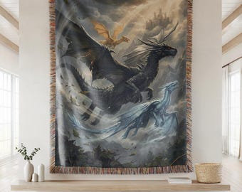 Fourth Wing Woven Blanket: Tairn, Sgaeyl, and Andarna Blanket, Aretia Merch, Onyx Storm Gifts.