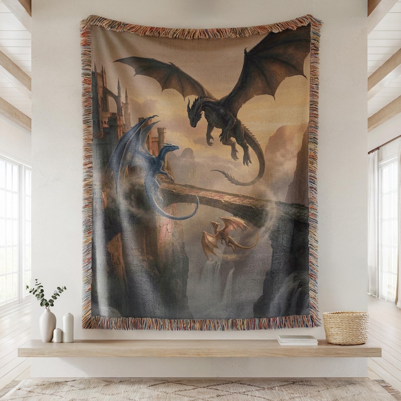Tairn Sgaeyl Andarna Blanket, Fourth Wing Dragon Trio, Basgiath Parapet Sunset Art, Iron Flame Squad Gift, Onyx Storm Woven Tapestry Style 1