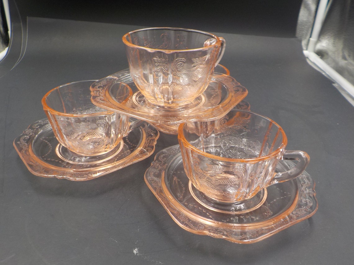 Set of 4 Pink Depression Glass Cups and Saucers Federal Etsy
