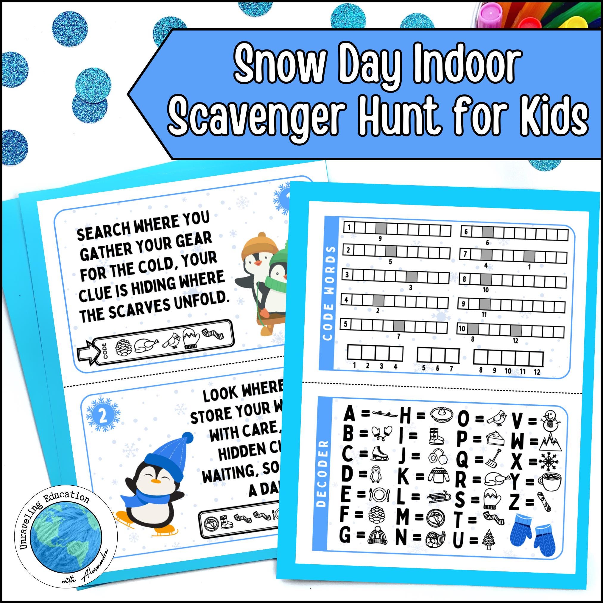 snow day scavenger hunt for kids, indoor printable clue game