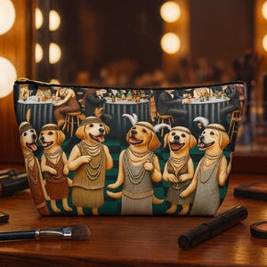 May include: A cosmetic bag featuring a whimsical design of Labrador Retrievers dressed in 1920s attire, with a background depicting a speakeasy scene. The bag is on a wooden surface with makeup brushes and compacts.