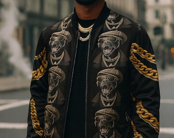 Men's Rottweiler Bomber Jacket, Gold Chain Graphic, Urban Streetwear