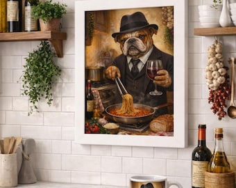Bulldog Chef Framed Poster | Whimsical Italian Kitchen Art