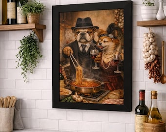 Vintage Mafia Dogs cooking spaghetti Framed Vertical Poster | Italian Kitchen Wall Art