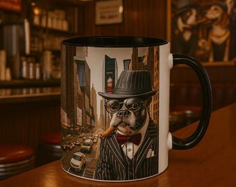 French Bulldog Ceramic Coffee Mug – 1920s Pinstripe Suit Cup, Gangster Dog Owner Gift