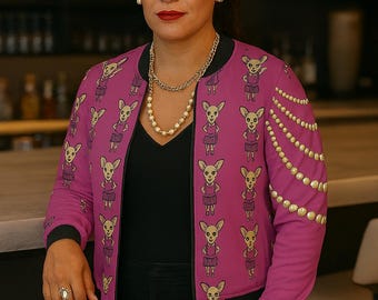 Pink Chihuahua Pattern Bomber Jacket | Pearl Chain Motif