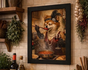 Pomeranian Flapper Chef Tasting Soup Framed Vertical Poster | Vintage Anthropomorphic Kitchen Art