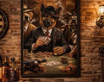 Gangster Dogs Playing Poker Canvas Framed Wall Art