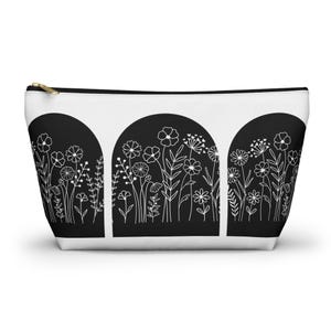 Black Arches & White Flowers Accessory Pouch | Floral T-Bottom Zipper Bag | Cosmetic Case | Pencil Pouch | Travel Organizer