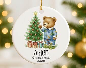 Teddy with Dino Slippers | Personalized Christmas Ceramic Ornament | Custom Son Ornament | Christmas Ornament Dinosaur