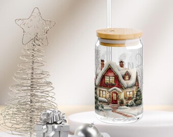 Snow Place Like Home | Iced Coffee Glass Can Cup | Glass Ice Coffee Cup | Bamboo Lid & Straw