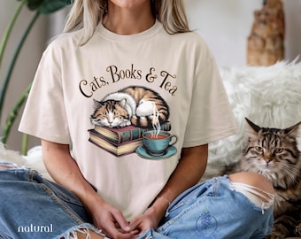 Cats, Books & Tea Shirt – For the Purr-fectly Content Bookworm | Book Loving Bookworm | Cat Lover Gift Cat Person | Cuteness Cat Lover Gift