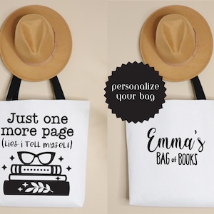 Sac fourre-tout personnalisé pour les amateurs de lecture| fourre-tout livre personne | fourre-tout avec nom personnalisé | Cadeaux pour bibliothécaire | Idée cadeau livresque | Juste une page de plus