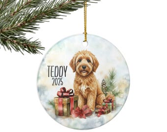 Personalized Goldendoodle Christmas Ornament | Custom Doodle Ornament | Holiday Pet Keepsake | Ceramic Round Ornament