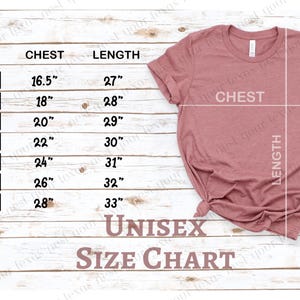 May include: Unisex size chart for a t-shirt with measurements in inches for chest and length. Sizes range from XS to 3XL.