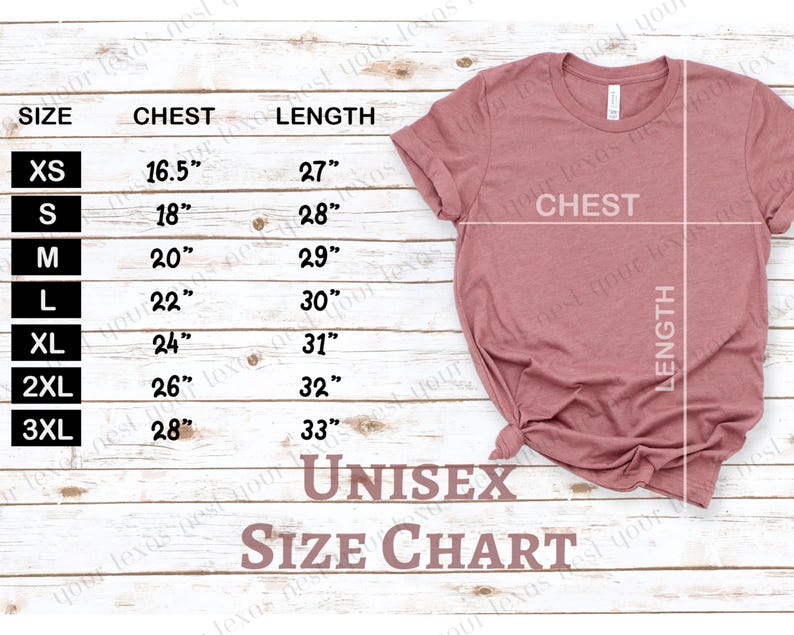 May include: Unisex size chart for a t-shirt with measurements in inches for chest and length. Sizes range from XS to 3XL.