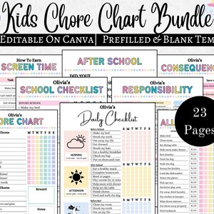 Peut inclure: Un lot de tableaux de tâches imprimables pour enfants avec un thème arc-en-ciel. Le lot comprend 23 pages de tableaux personnalisables pour les tâches quotidiennes, hebdomadaires et après l'école, ainsi que des listes de contrôle pour le temps d'écran et la responsabilité.
