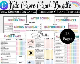 May include: A printable chore chart bundle for kids featuring a rainbow color scheme. The bundle includes 23 pages of customizable charts for daily, weekly, and after-school chores, as well as screen time and responsibility checklists.