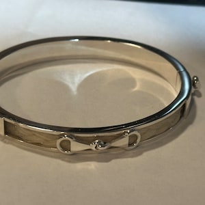 Könnte beinhalten: Ein silbernes Armreif-Armband mit einer weißen Pferdehaar-Einlage und einem silbernen Pferdegebiss-Design.
