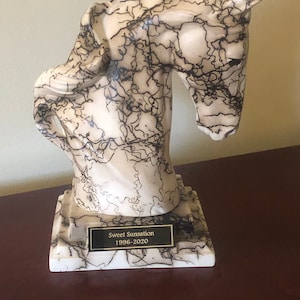 May include: White ceramic horse sculpture with black veining, standing on a square base with a black plaque that reads "Sweet Sunsation 1996-2020".