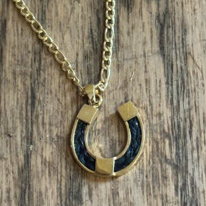 May include: Gold-coloured necklace featuring a horseshoe pendant. The horseshoe has a black centre and gold accents. The chain is a classic curb link style. The necklace is displayed on a wooden surface.
