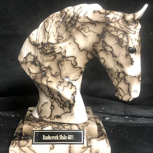 May include: White ceramic horse head sculpture with black swirling patterns. The sculpture is on a square base with a black plaque that reads "Rushcreek Shiloh 601".